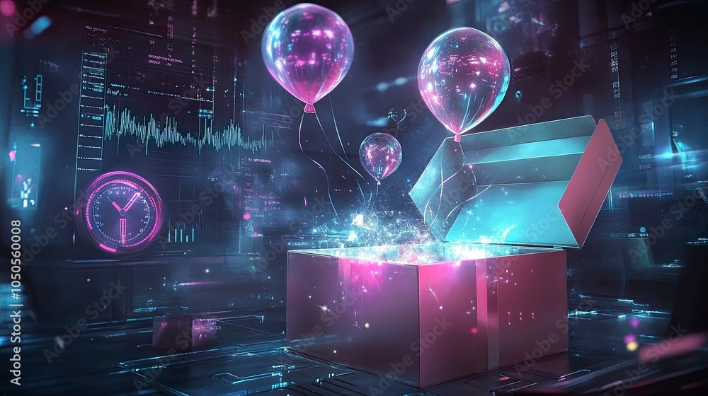 Poster an open box glowing with a soft, ethereal light, with airdrop reward balloons similar to the provide