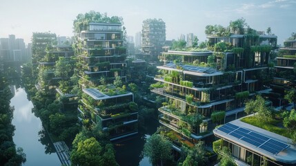 Obraz premium A futuristic city with lush green vegetation and solar panels on the buildings, emphasizing sustainable architecture.