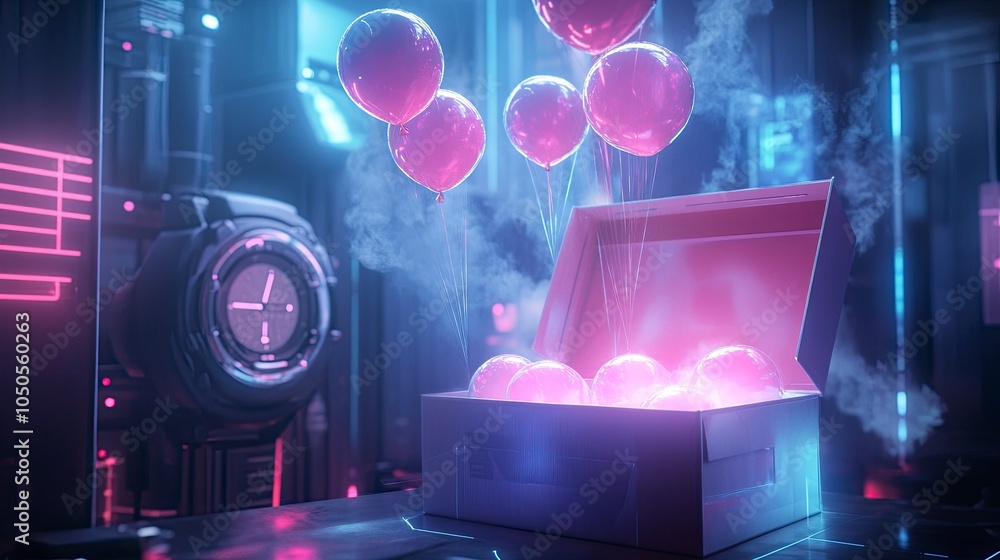 Poster an open box glowing with a soft, ethereal light, with airdrop reward balloons similar to the provide