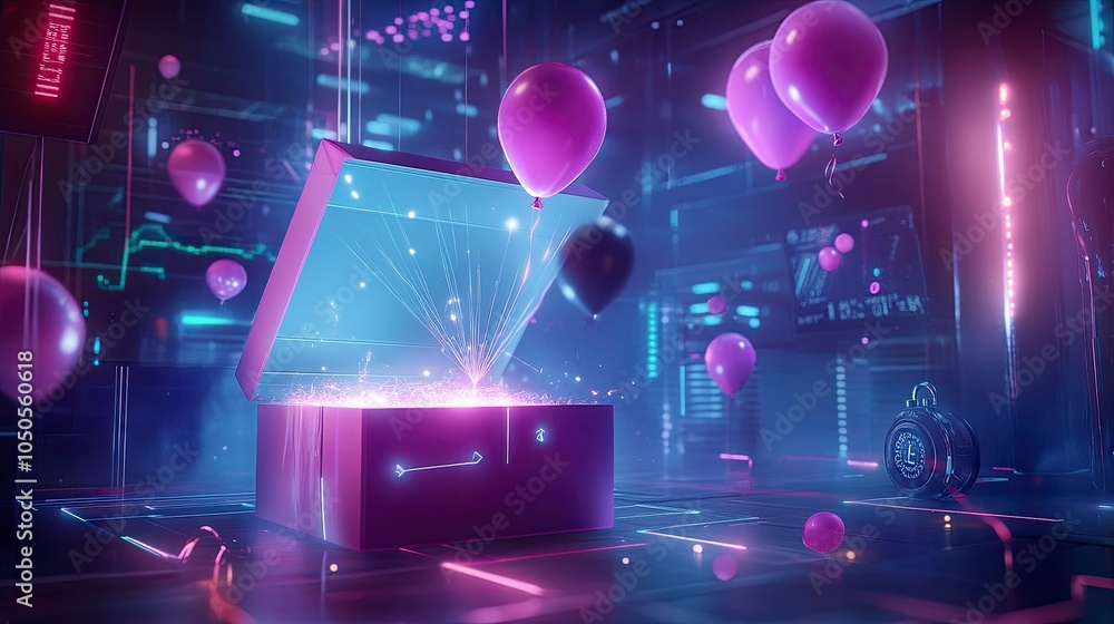 Poster an open box glowing with a soft, ethereal light, with airdrop reward balloons similar to the provide