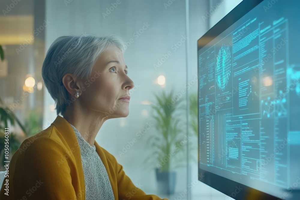 Poster focused senior manager analyzing data and statistics visualizations projected on a transparent digit
