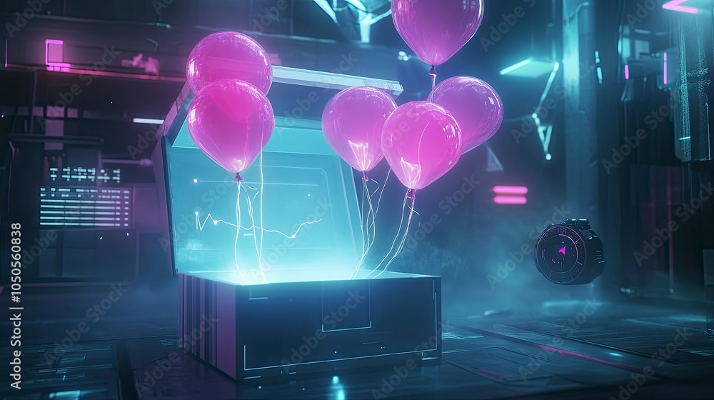 Poster an open box glowing with a soft, ethereal light, with airdrop reward balloons similar to the provide