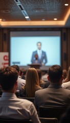 An audience sitting and watching a speaker presenting at a business conference, symbolizing learning, corporate strategy, and professional development. The image highlights corporate events and public