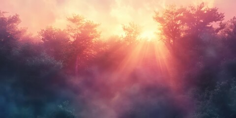 Fototapeta premium Misty forest sunrise with sunbeams piercing through. Generative AI image