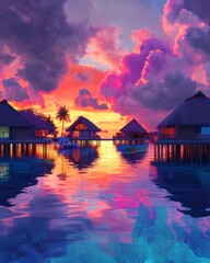 Fototapeta premium Overwater bungalows under a picturesque sunset sky. Generative AI image