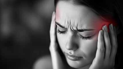 Fototapeta premium Woman holding head in pain with red spot highlighting severe headache or migraine in grayscale