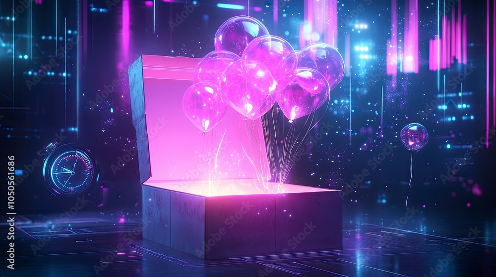 Poster an open box glowing with a soft, ethereal light, with airdrop reward balloons similar to the provide