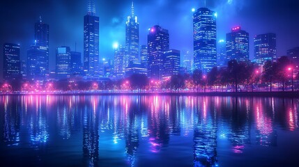 Vibrant night cityscape reflected in water with neon lights and skyline glow