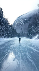 solitary figure skating on frozen lake surrounded by snow covered trees and mountains, evoking sense of tranquility and adventure in winter landscape