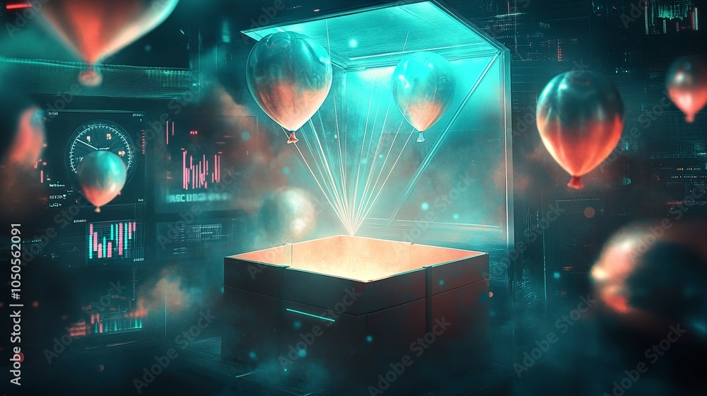 Poster an open box glowing with a soft, ethereal light, with airdrop reward balloons similar to the provide