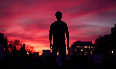 Obraz premium Silhouetted figure leading crowd at dusk protest