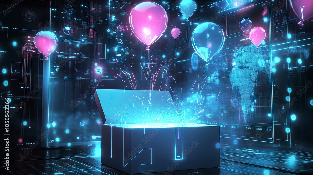 Poster an open box glowing with a soft, ethereal light, with airdrop reward balloons similar to the provide