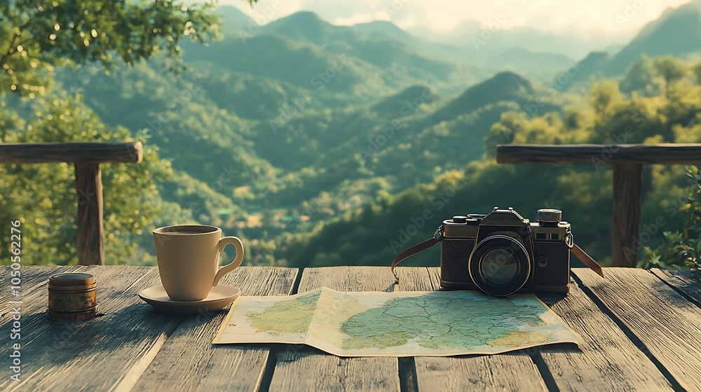 Wall mural a wooden terrace with a coffee cup, an old camera, and a detailed map, overlooking a range of green 