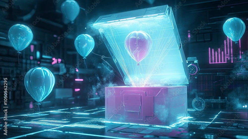 Poster an open box glowing with a soft, ethereal light, with airdrop reward balloons similar to the provide