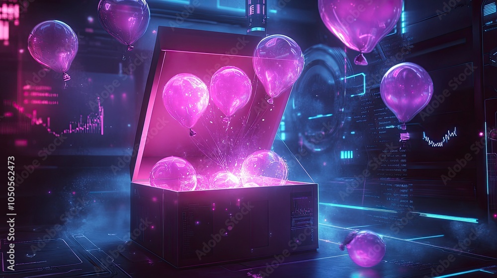 Poster an open box glowing with a soft, ethereal light, with airdrop reward balloons similar to the provide