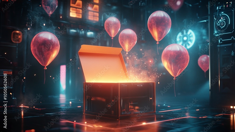 Poster an open box glowing with a soft, ethereal light, with airdrop reward balloons similar to the provide