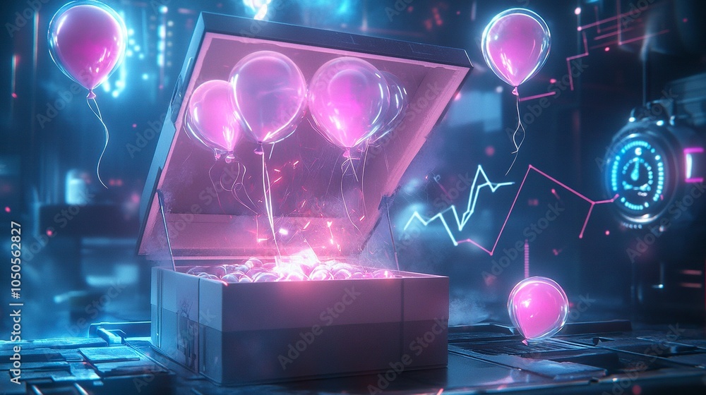 Poster an open box glowing with a soft, ethereal light, with airdrop reward balloons similar to the provide
