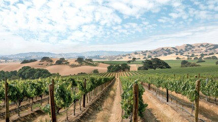 Fototapeta premium A serene vineyard with rows of grapevines and rolling hills, Winery setting with vineyard charm, Serene style