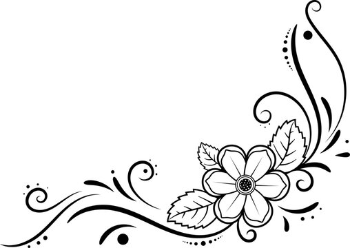 Doodle floral corner frame decorated with flowers and leaves in black