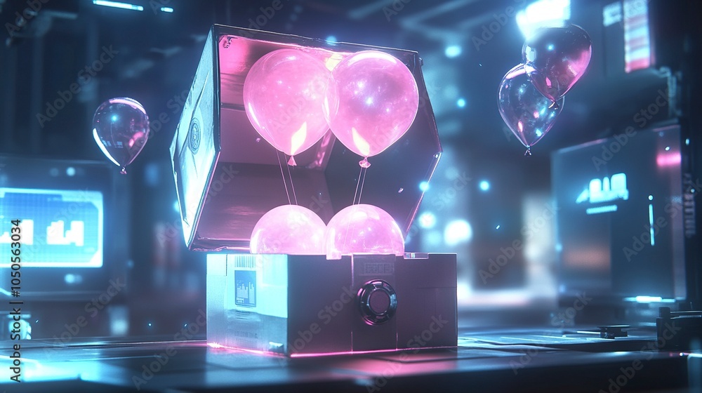 Poster an open box glowing with a soft, ethereal light, with airdrop reward balloons similar to the provide