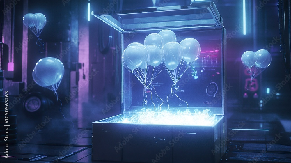 Poster an open box glowing with a soft, ethereal light, with airdrop reward balloons similar to the provide