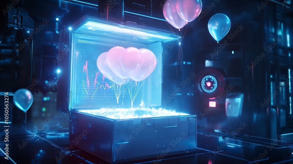 Poster an open box glowing with a soft, ethereal light, with airdrop reward balloons similar to the provide