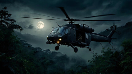 Nighttime Tension: FBI Helicopter Patrol Over Jungle and Mountains