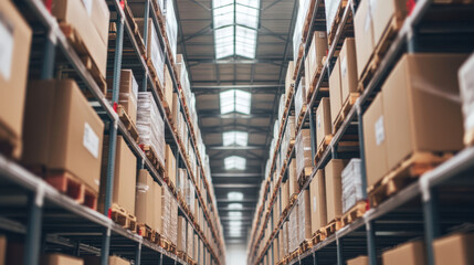 Bright and spacious warehouse interior with shelves full of boxes