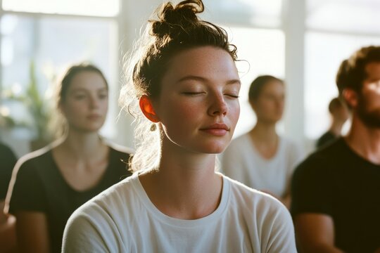 People are meditating together during a group psychotherapy session, focusing on mental health and mindfulness