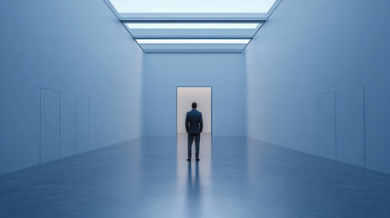 Obraz premium man stands in spacious, minimalist room, contemplating his next move