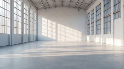 Fototapeta premium Spacious warehouse with large windows and natural light creating modern atmosphere