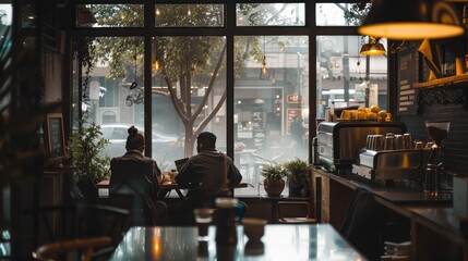 Fototapeta premium A city cafe glows warmly as dusk sets in, its windows offering a peek into the social hub where coffee and conversation flow..