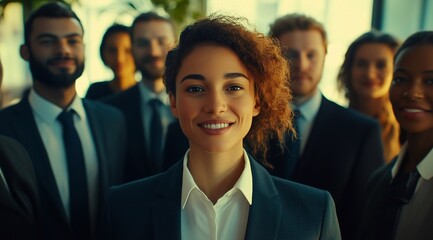 Obraz premium Diverse group of smiling business professionals in formal attire standing together. concepts of teamwork, diversity, success, team spirit, leadership, collaboration, work environment, unity, positive.