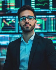 Fototapeta premium Confident businessman in front of stock market screens Generative AI image