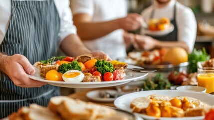 Chefs preparing and serving a vibrant breakfast spread in a bustling kitchen, AI