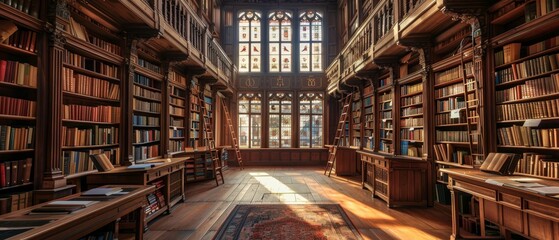 An opulent library interior, featuring towering wooden shelves filled with books, accessed by tall ladders under a vaulted ceiling..