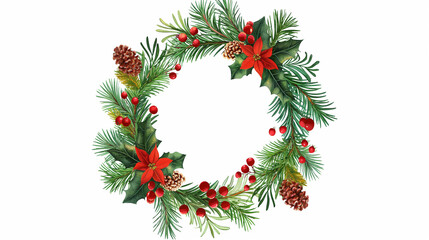 Christmas Wreath with Pine, Berries, and Poinsettia