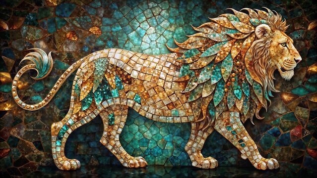 Lion made of colorful mosaic art, showcasing vibrant turquoise and gold shades against a stunning backdrop