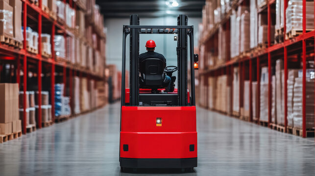 Efficient worker driving electric forklift in eco friendly warehouse