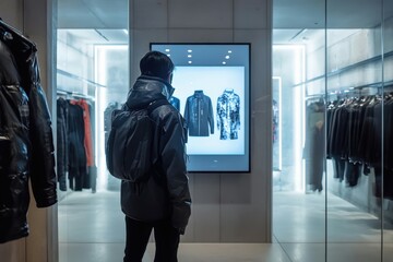 Shopper exploring clothing options on a digital touchscreen in a contemporary retail environment