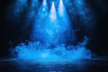 Fototapeta premium A close-up of a blue spotlight beam cutting through the darkness of a theater, emphasizing the rich textures of the stage surface