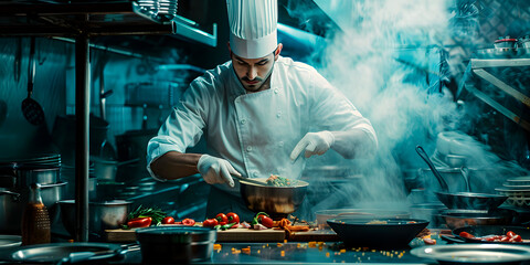 Joven chef con uniforme en una cocina 