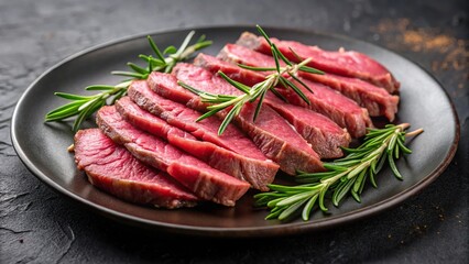 Sliced beef with rosemary on a black plate macro image