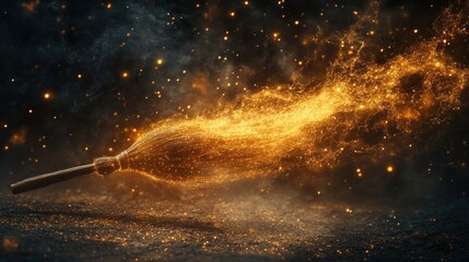 A witch's broom flying through the air with sparks and smoke trailing behind.