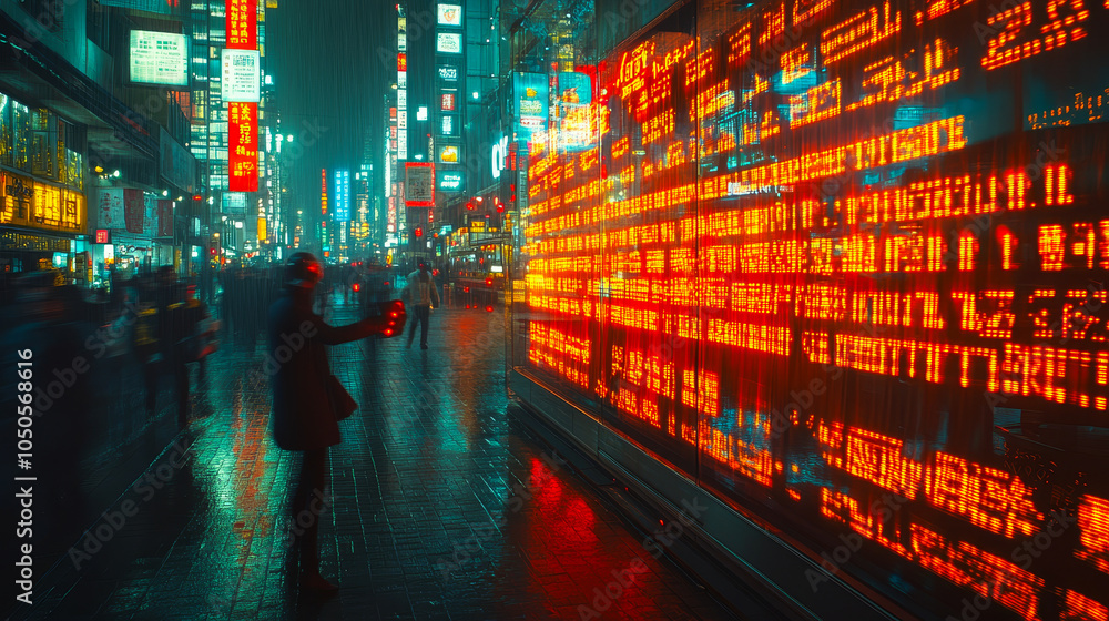 Poster ai-powered robots in financial center analyzing data streams and performing transactions