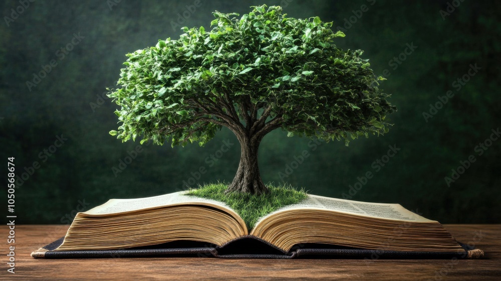 Poster tree growing from an open book, representing growth in knowledge and ideas