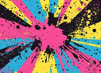 Energetic paint splashes vibrant pink, yellow, blue and black exploding in dynamic radial pattern from center on striped background. Perfect for urban designs, pop art posters and backgrounds.