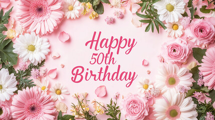 Elegant Happy 50th Birthday Greeting with Pink and White Flowers on a Soft Pastel Background – Milestone Celebration Design