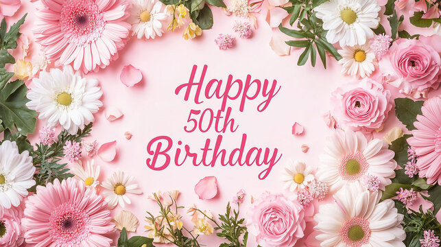 Elegant Happy 50th Birthday Greeting with Pink and White Flowers on a Soft Pastel Background – Milestone Celebration Design - Powered by Adobe