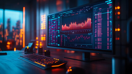 Obraz premium Futuristic AI-Driven Stock Market Insights on Holographic Dashboard in Modern Office